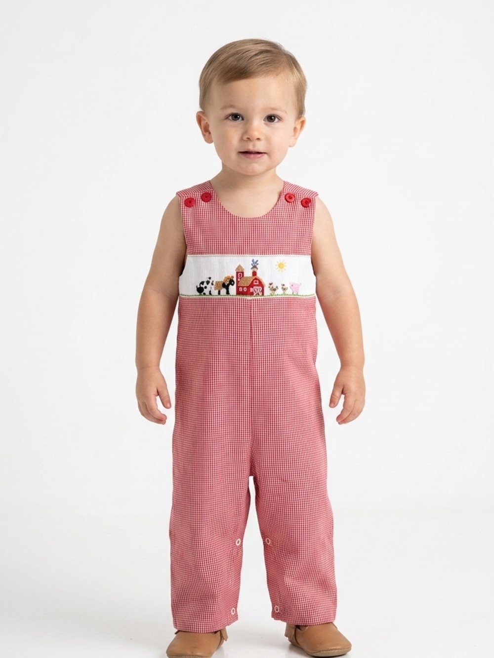 Stellybelly Smocked Overalls, Size 18M, Red Checked Barn & Farm Animals.